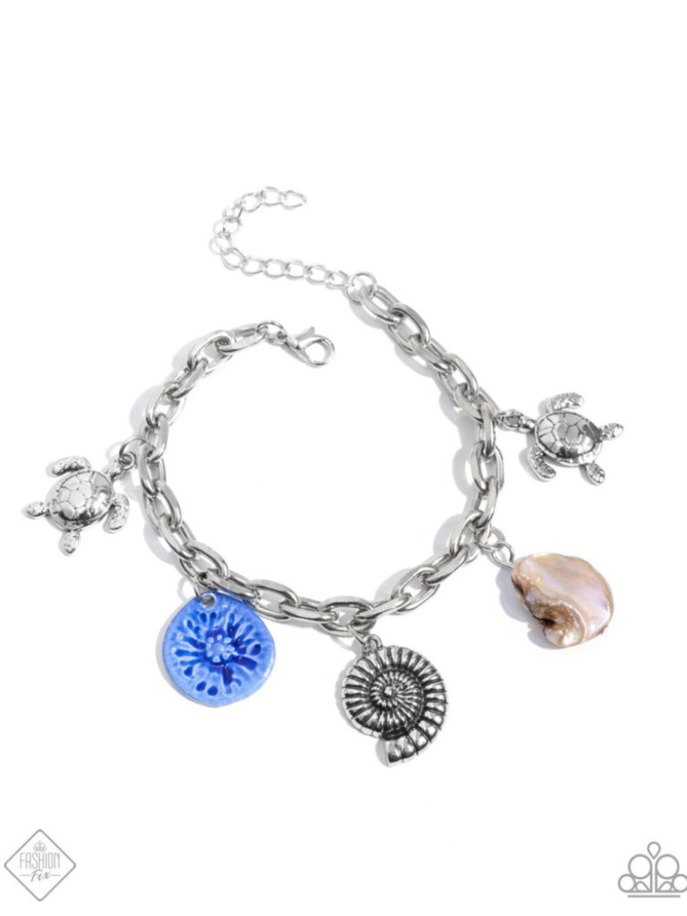 Multi charm bracelet with fish, turtle, pearl, shell - Coastal Connoisseur Blue